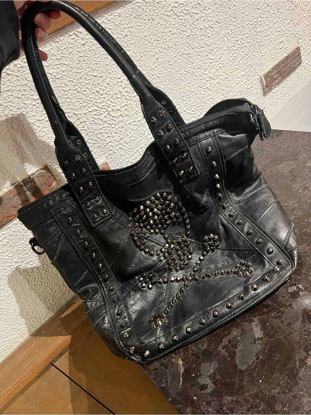 Studded Black Leather Skull Tote Bag